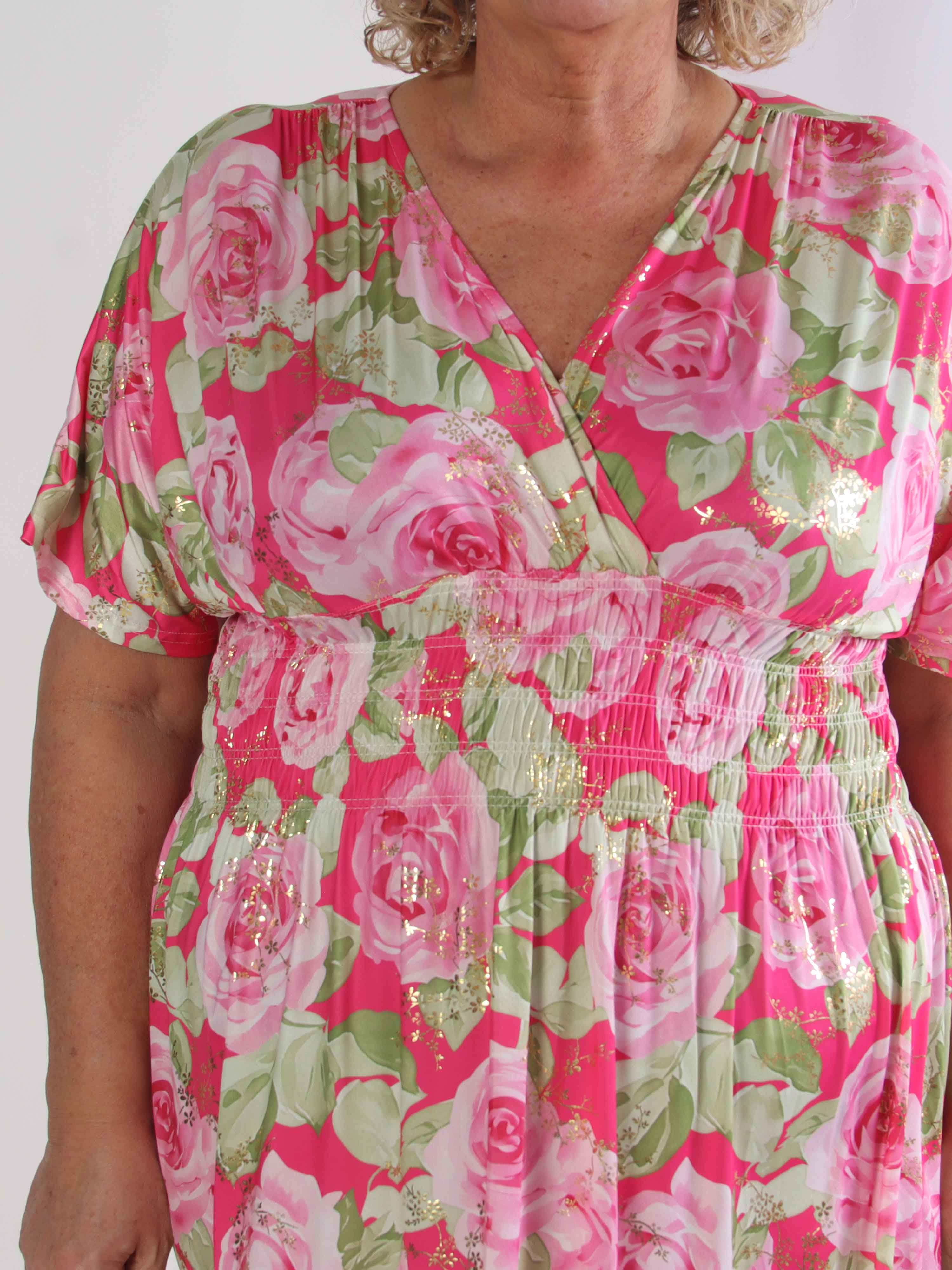 Pams Rose Short - Plus size kjole med blomstermotiver og guld blade